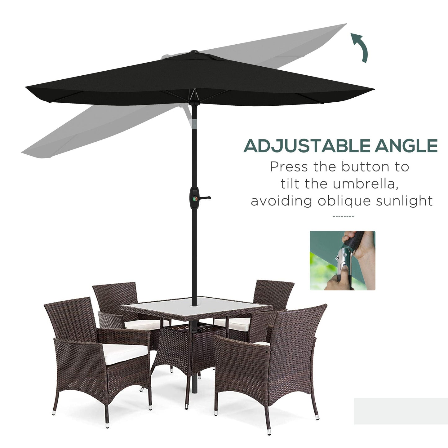 Outsunny 2 x 3(m) Parasol ogrodowy, prostokątny, z korbką i przyciskiem do odchylania, 6 żeber, aluminiowy słupek, czarny