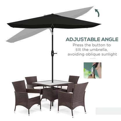 Outsunny 2 x 3(m) Parasol ogrodowy, prostokątny, z korbką i przyciskiem do odchylania, 6 żeber, aluminiowy słupek, czarny