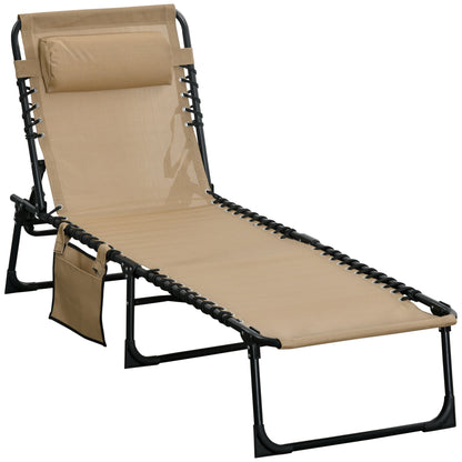 Outsunny Portable Sun Lounger, Folding Camping Bed Cot, Reclining Lounge Chair 5-position Adjustable Backrest with Side Pocket, Pillow for Patio Garden Beach Pool, Beige