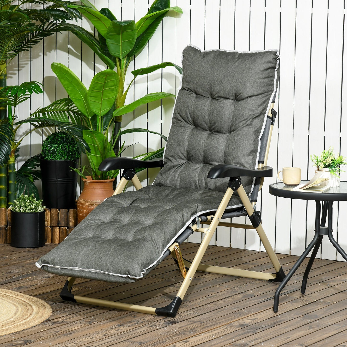 Outsunny Outdoor Reclining Sun Lounger Garden Recliner Chair Folding With Cushion Pillow Adjustable Backrest And Footrest - Grey