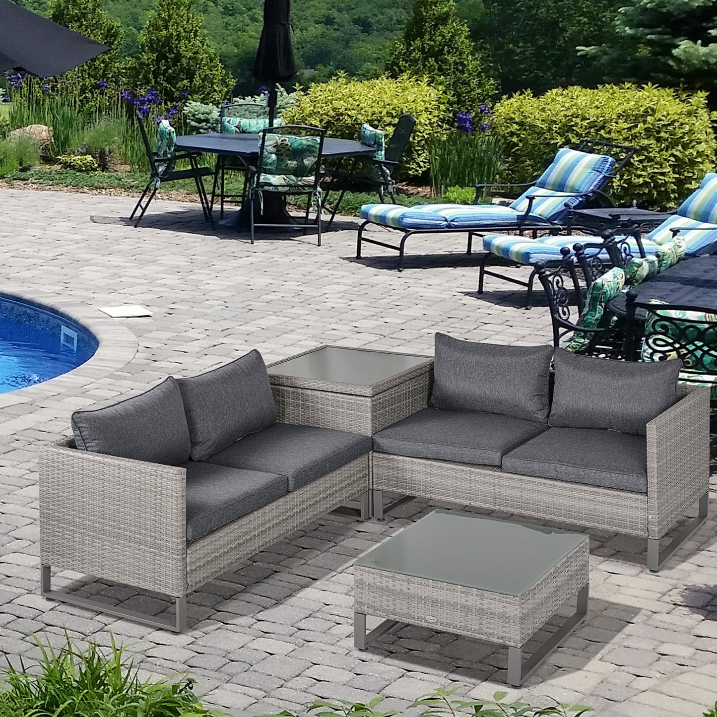 Outsunny 4-Seater PE Rattan Sofa Set Wicker Garden Furniture في الهواء الطلق أثاث الحديقة الشتوية طاولة القهوة مع صندوق تخزين جانبي ووسادة، رمادي