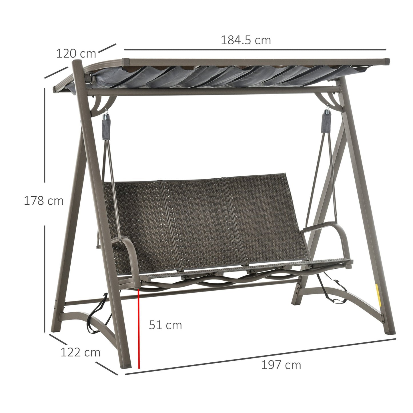 Outsunny 3 Seater Rattan Swing Chair Garden Swing Bench Outdoor w/ Adjustable Canopy