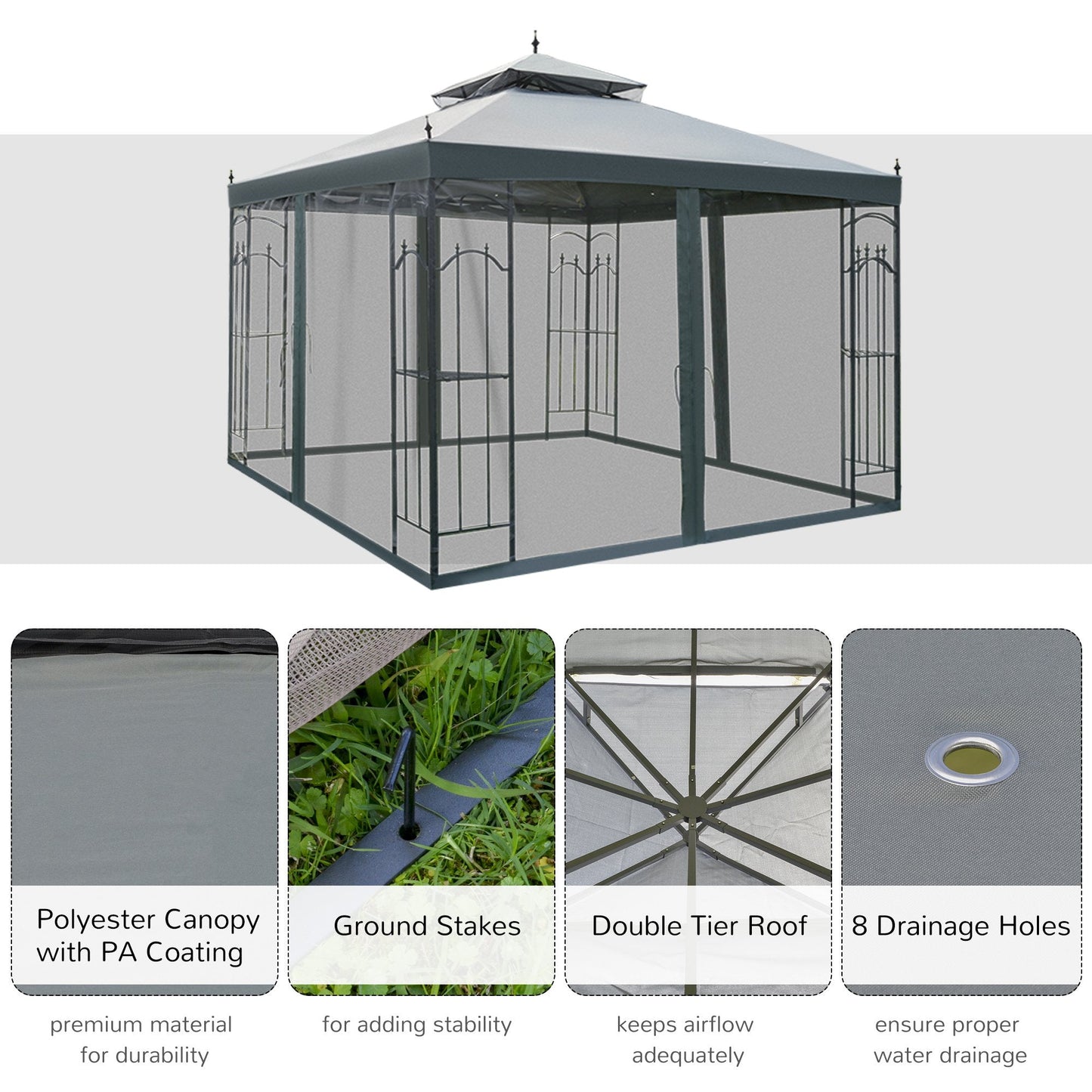 Outsunny 3 X 3 M Garden Gazebo Double Top في الهواء الطلق المظلة الفناء الحدث حفل زفاف خيمة الفناء الخلفي الشمس الظل مع شبكة الستار - رمادي