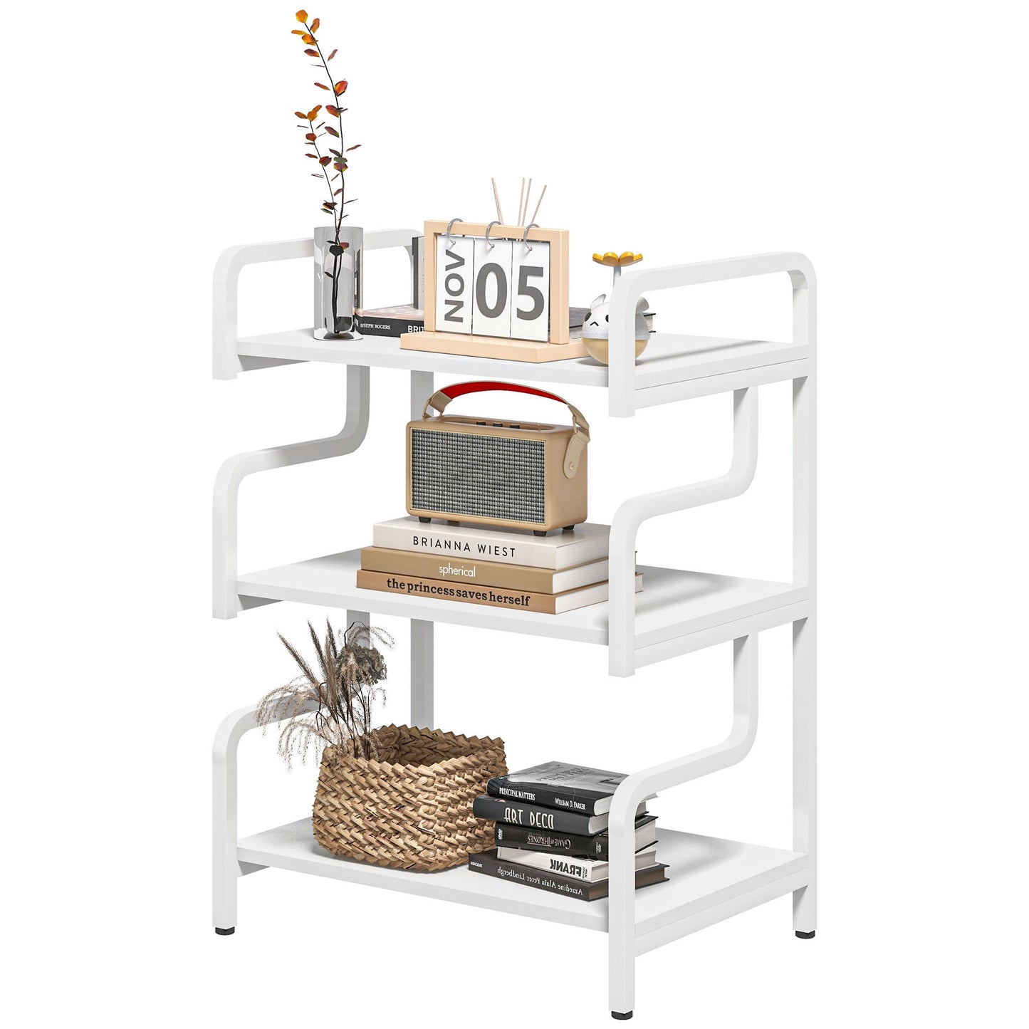 3-Tier Storage Shelves, Metal Shelving Unit, Industrial Printer Table for Home Office, Display Rack for Living Room, White