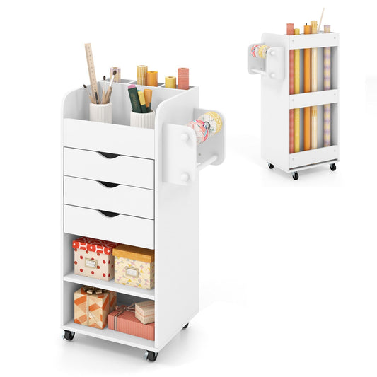 Utility Trolley with Open Shelves and 3 Drawers-White