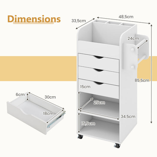 Utility Trolley with Open Shelves and 3 Drawers-White