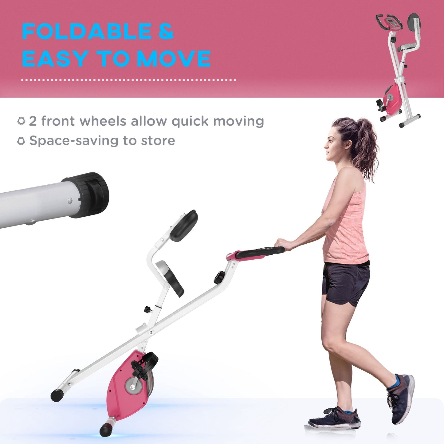 HOMCOM Exercise Bike Fitness Bicycle Indoor trainer Foldable 8-level Magnetic Resistance Adjustable w/LCD Monitor Pulse Sensor, Pink