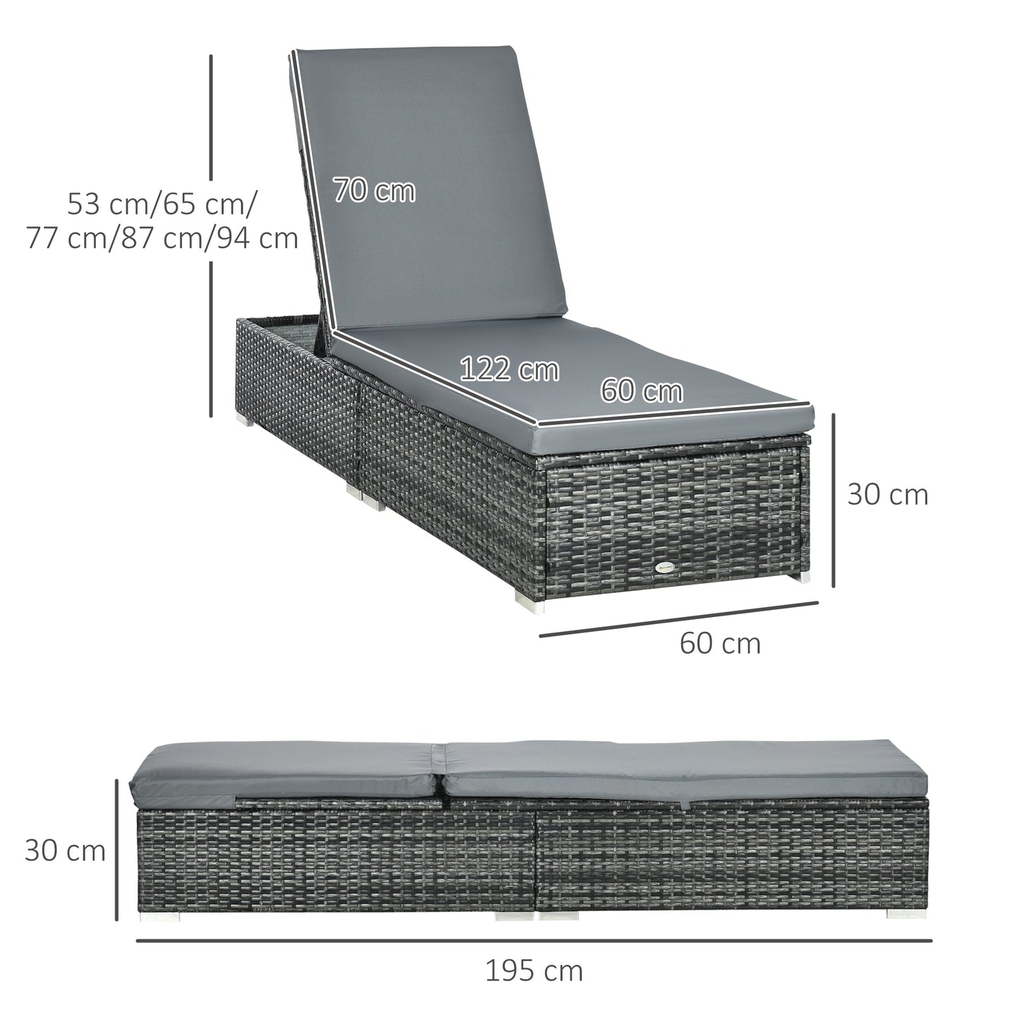 Outsunny PE Rattan Sun Loungers set of 2 with Cushion, Outdoor 2 Pieces Garden Sunbed Furniture with 5-Level Recliner Backrest, Reclining Patio Wicker Bed Chair, Grey
