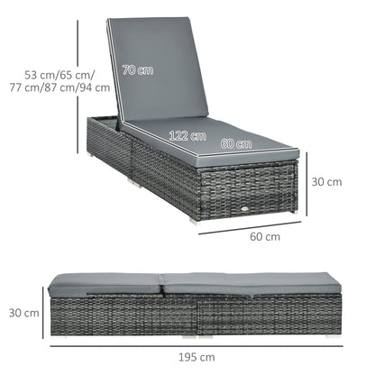 Outsunny PE Rattan Sun Loungers set of 2 with Cushion, Outdoor 2 Pieces Garden Sunbed Furniture with 5-Level Recliner Backrest, Reclining Patio Wicker Bed Chair, Grey