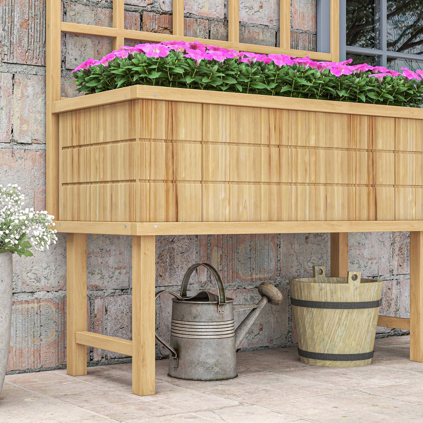 Outsunny Wooden Raised Planter With Trellis For Vine Climbing Plants Elevated Garden Bed With Drainage Holes And Liner For Vegetables, Fruit, Herbs - Natural