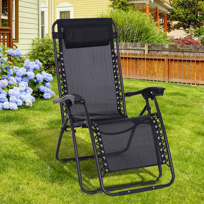 Outsunny Zero Gravity Chair Metal Frame Texteline Armchair Outdoor Folding and Reclining Sun Lounger with Head Pillow for Patio Decking Gardens Camping, Black