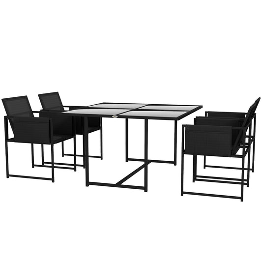 Outsunny 5 Piece Garden Dining Set with Breathable Mesh Seat, Adjustable Backrest, Tempered Glass Table Top for Patio, Black