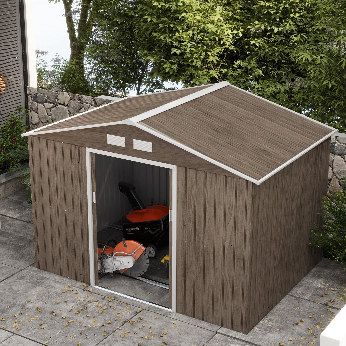 Outsunny 9 x 6ft Garden Metal Storage Shed, zewnętrzny domek narzędziowy z otworami wentylacyjnymi, fundamentem i zamykanymi podwójnymi drzwiami, brązowy
