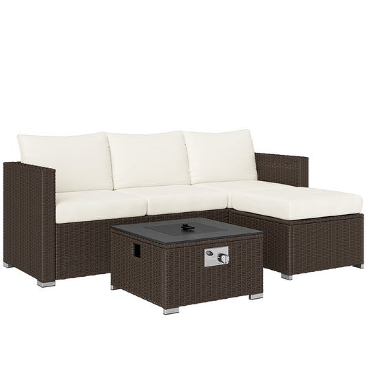Zestaw mebli ogrodowych Outsunny Five Piece Rattan z paleniskiem gazowym i podnóżkiem - brąz i kremowa biel