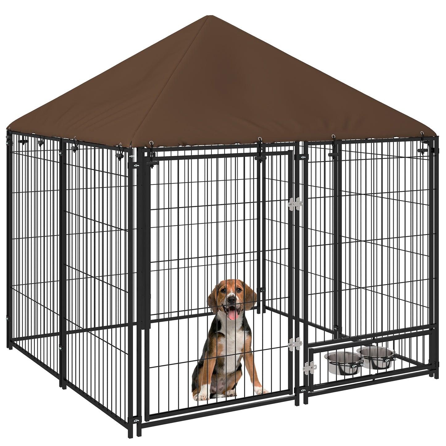 PawHut Outdoor Dog Kennel Puppy Play Pen z baldachimem Garden Playpen Fence Crate Enclosure Cage Rotating Bowl 141 x 141 x 151 cm