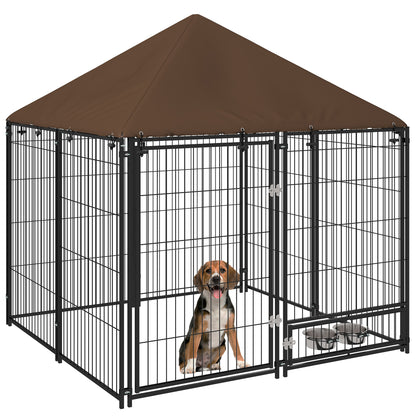 PawHut Outdoor Dog Kennel Puppy Play Pen z baldachimem Garden Playpen Fence Crate Enclosure Cage Rotating Bowl 141 x 141 x 151 cm