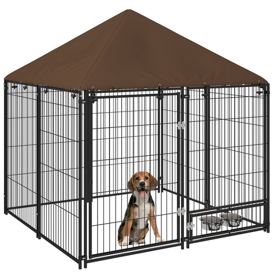 PawHut Outdoor Dog Kennel Puppy Play Pen z baldachimem Garden Playpen Fence Crate Enclosure Cage Rotating Bowl 141 x 141 x 151 cm