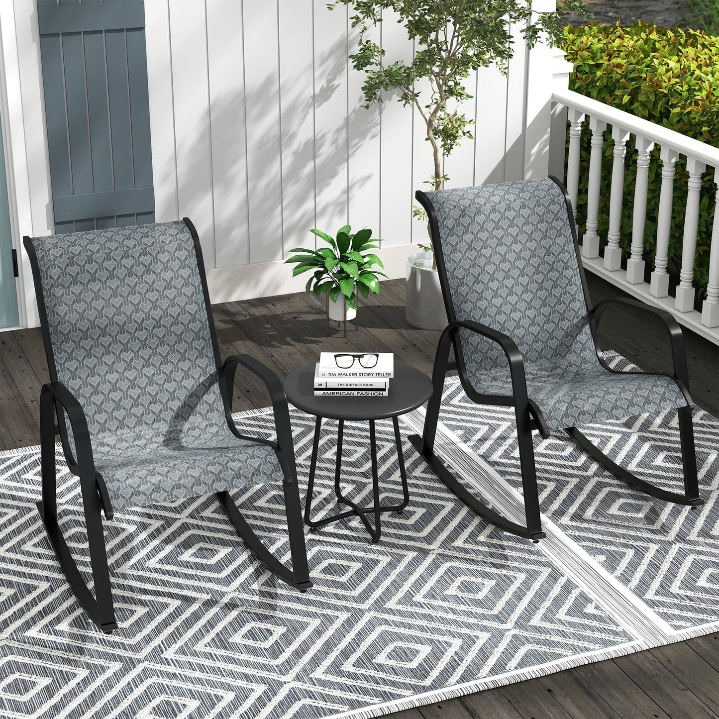 3 Piece Outdoor Rocking Set With 2 Armchairs, Metal Top Coffee Table, Patio Bistro Set With Curved Armrests, Breathable Mesh Fabric Seat - Mixed Grey