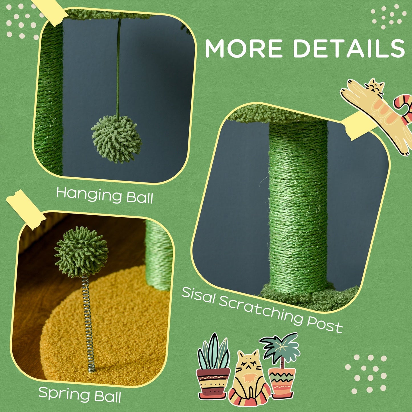 PawHut 82cm Chenille Cactus Cat Tree with Scratching Post, Hammock, Green