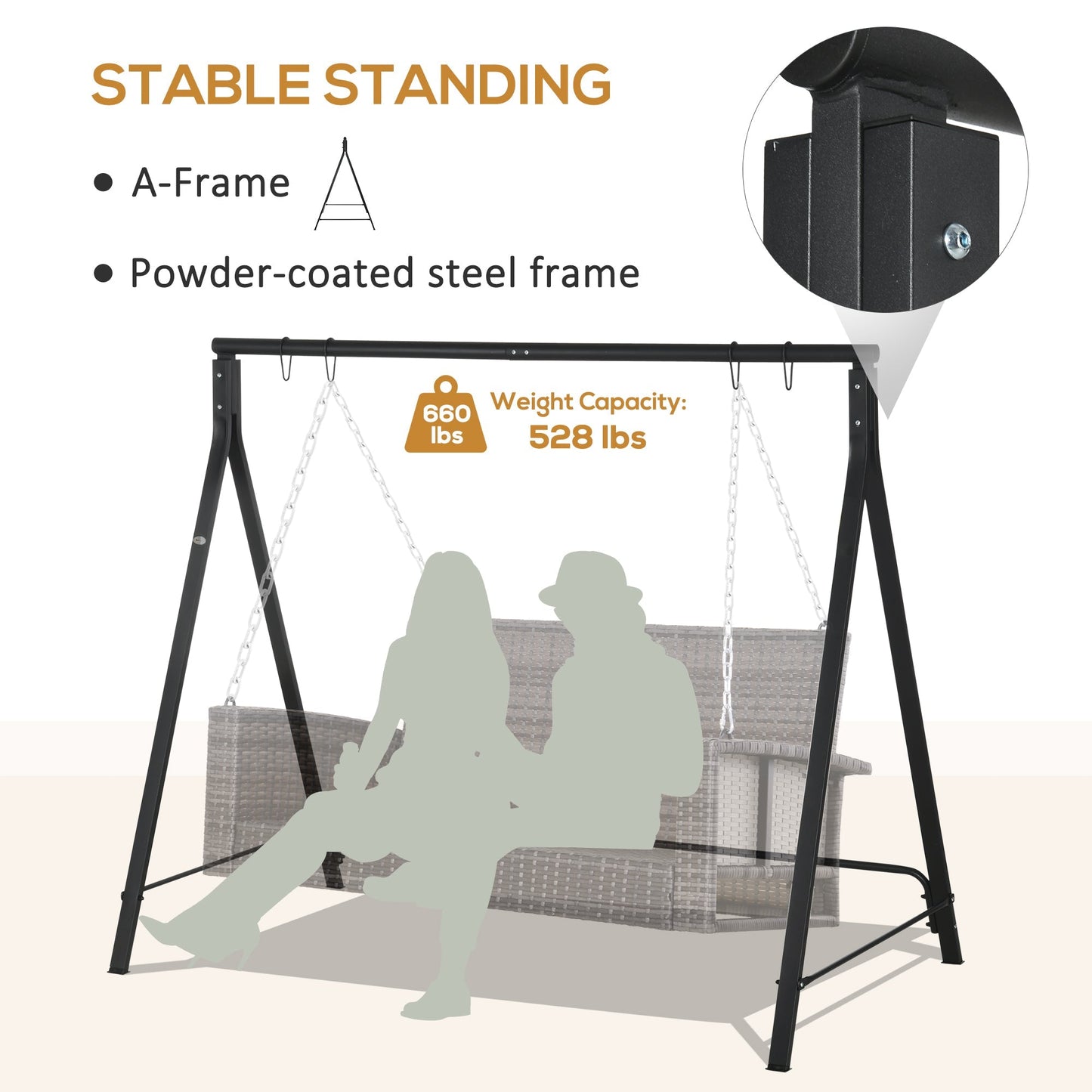 Outsunny Metal Porch Swing Stand, Heavy Duty Swing Frame, Hanging Chair Stand Only, 240kg Weight Capacity for Garden, Patio, Lawn, Playground, Black