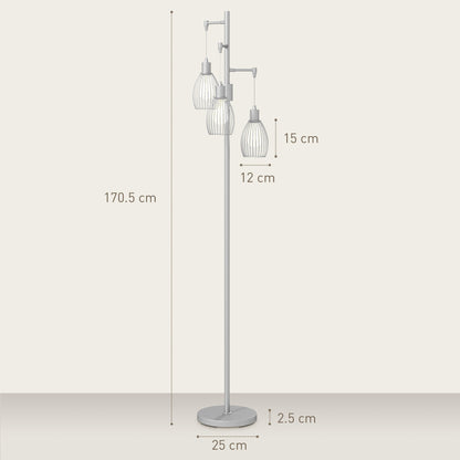 HOMCOM 3-Light Floor Lamp, 170cm Industrial Dimmable Standing Lamp with Steel Wire Cage Lampshades for Living Room, Bedroom, Dining Room, Study, Silver Tone