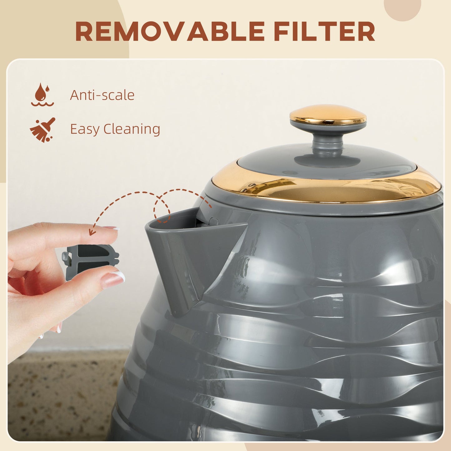 HOMCOM Electric Kettle, 1.7L, Fast Boil, 3kW Water Kettle with Removable Washable Anti-scale Filter, Auto Shut-off, 360¡ Swivel, BPA Free, Grey Water Ripple Texture