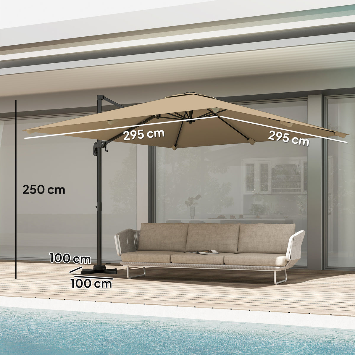 Outsunny 3 x 3 m Cantilever Parasol, Square Patio Umbrella with Crank Handle, Cross Base, Tilt, 360° Rotation, Khaki