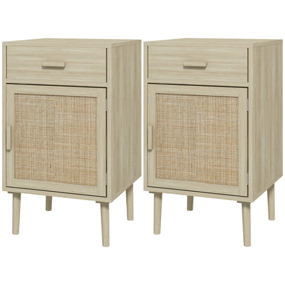 HOMCOM Bedside Table Set of 2, Rattan Side Tables with Drawer, Cabinet and Adjustable Shelf, Boho Bedside Cabinet with Storage for Bedroom, Living Room, Natural Wood Effect