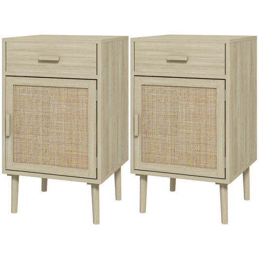 HOMCOM Bedside Table Set of 2, Rattan Side Tables with Drawer, Cabinet and Adjustable Shelf, Boho Bedside Cabinet with Storage for Bedroom, Living Room, Natural Wood Effect