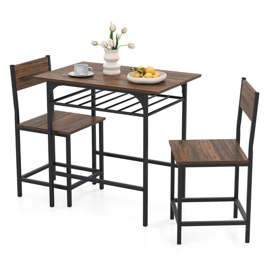 Dining Table Set for 2 with Metal Frame and Storage Rack-Rustic Brown
