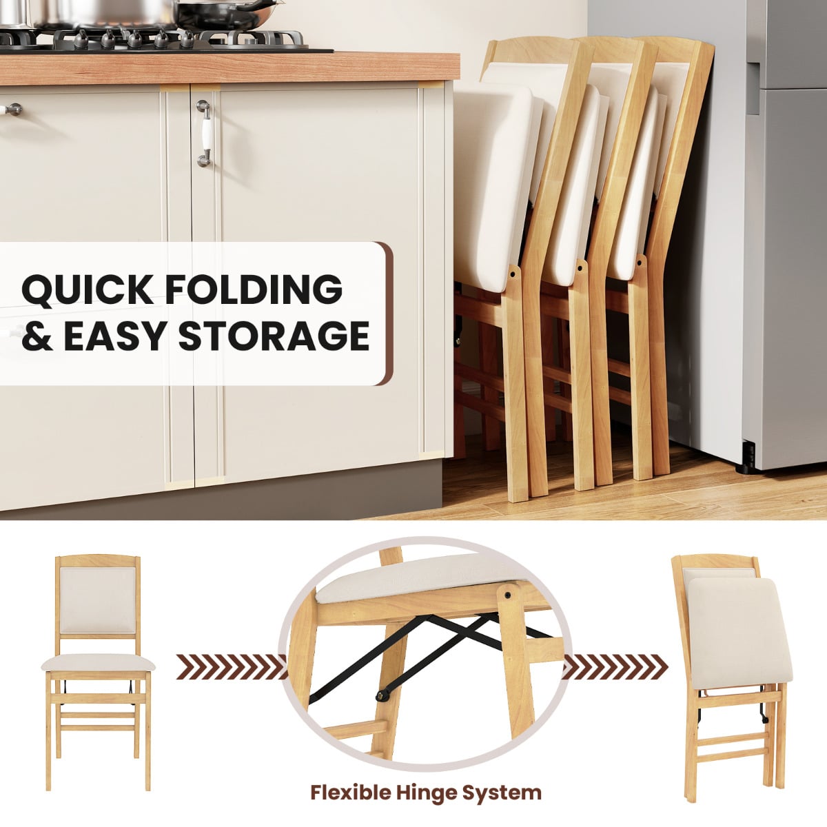 Dining Chair Set of 2 with Padded Seat and Soft Backrest-Beige