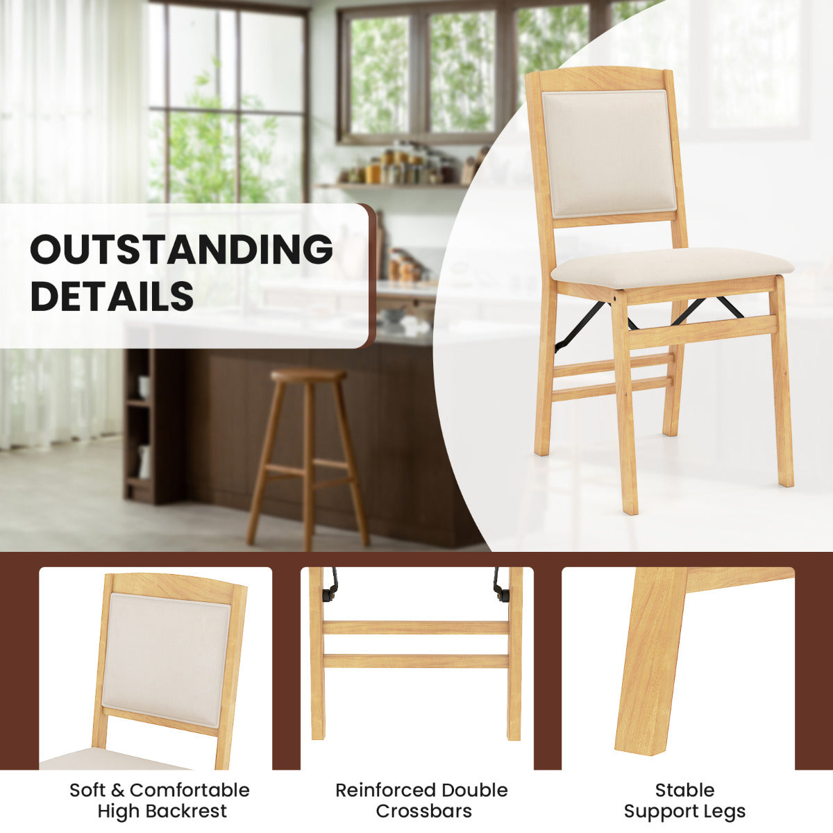 Dining Chair Set of 2 with Padded Seat and Soft Backrest-Beige