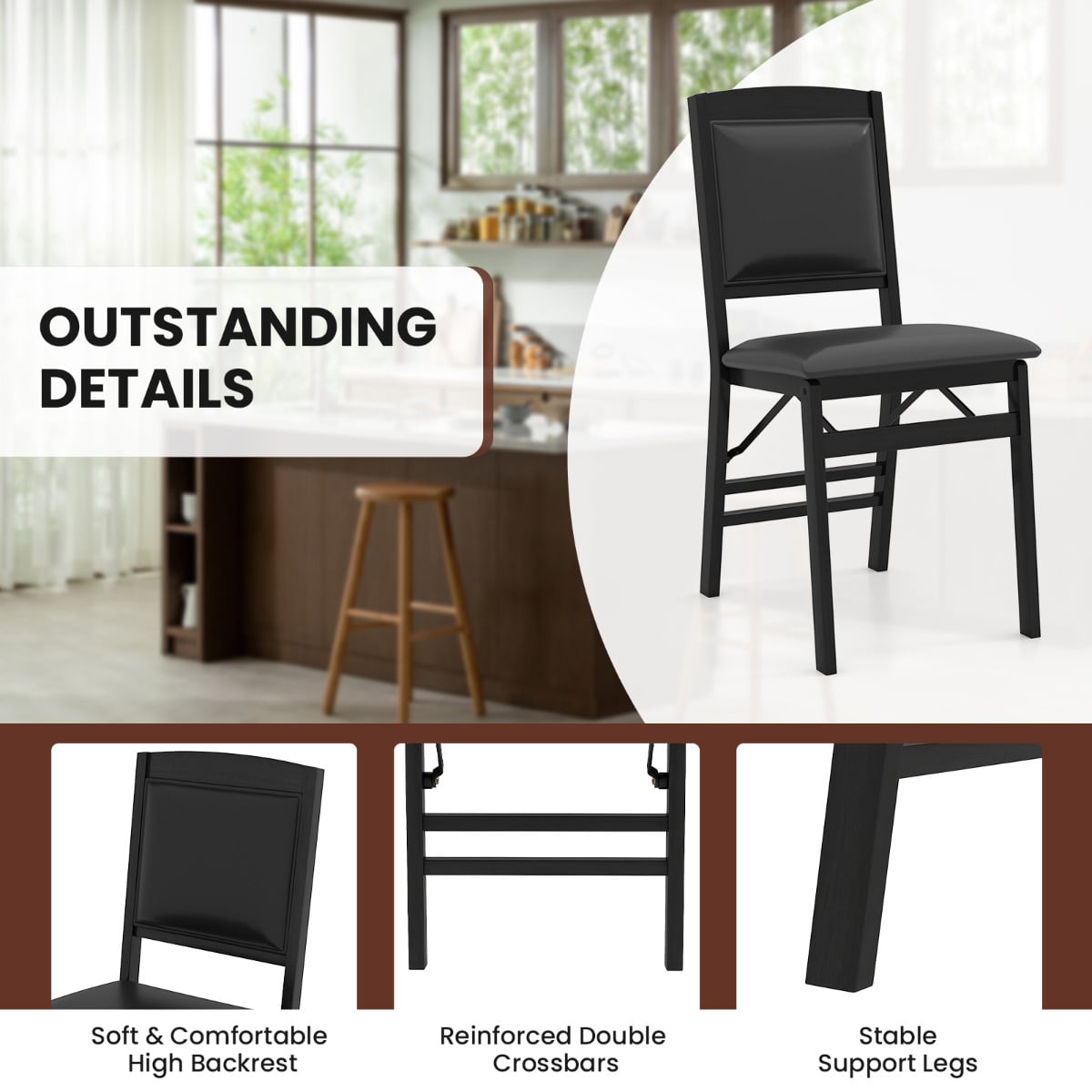 Dining Chair Set of 2 with Padded Seat and Soft Backrest-Black