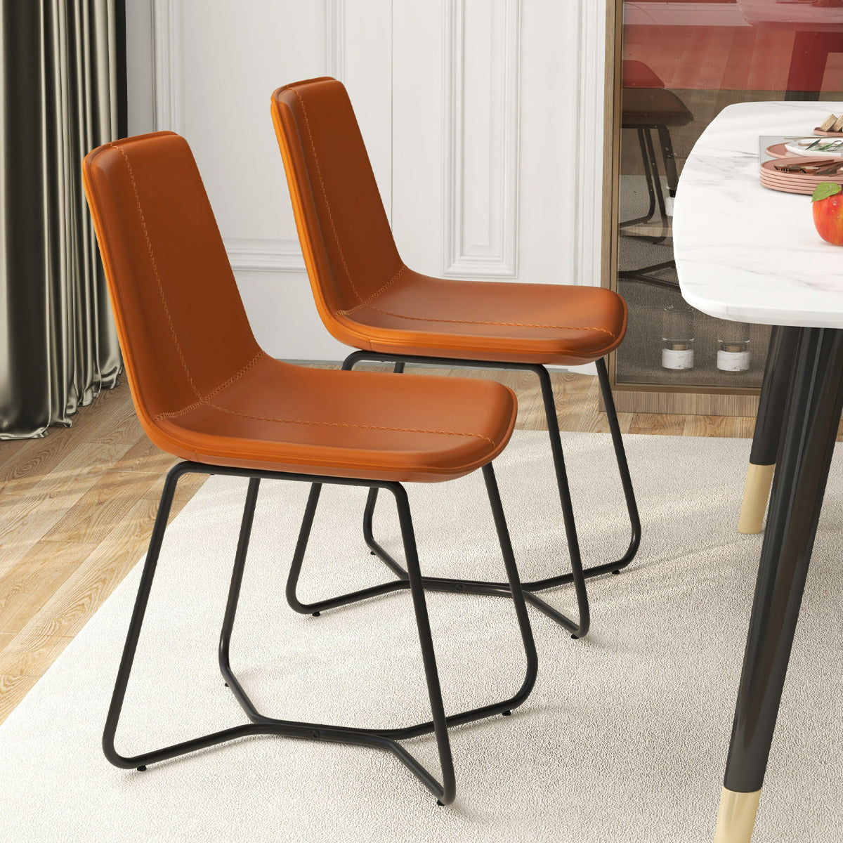 Dining Chair Set of 4 with Metal Legs and Vintage Stitching-Brown
