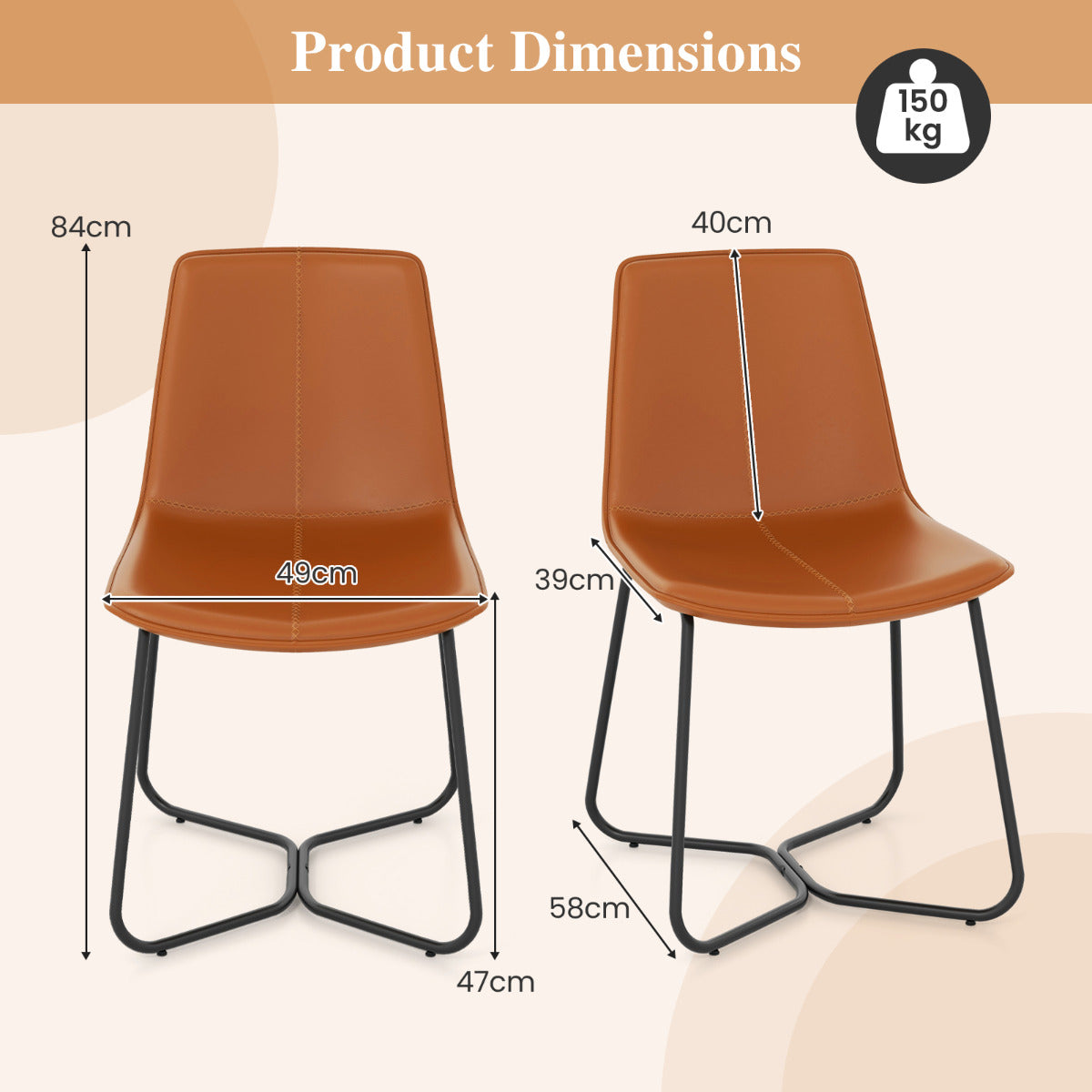 Dining Chair Set of 4 with Metal Legs and Vintage Stitching-Brown