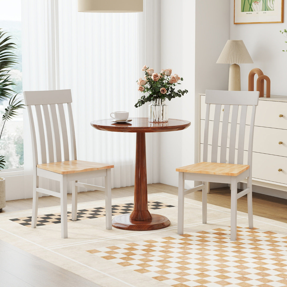Dining Chairs Set of 2 with Hollowed Backrests and Rubber Wood Seats-All White