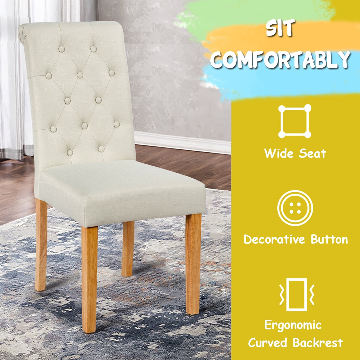Dining Room Chairs Set of 2 with Solid Wood Legs and Padded Seat-Beige