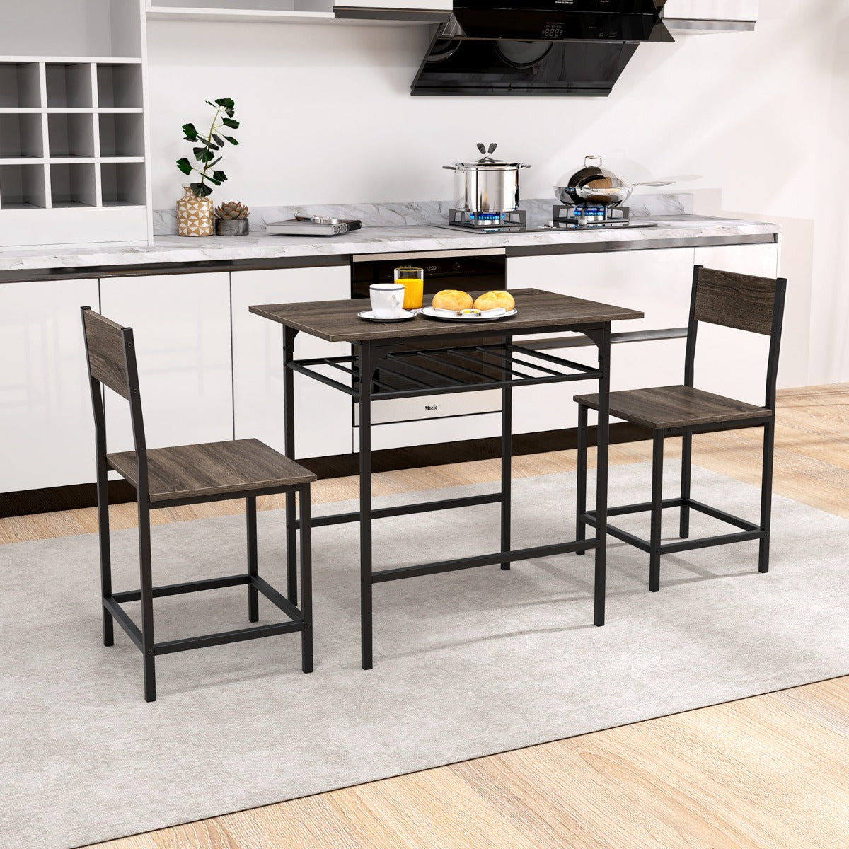 Dining Table Set for 2 with Metal Frame and Storage Rack-Grey
