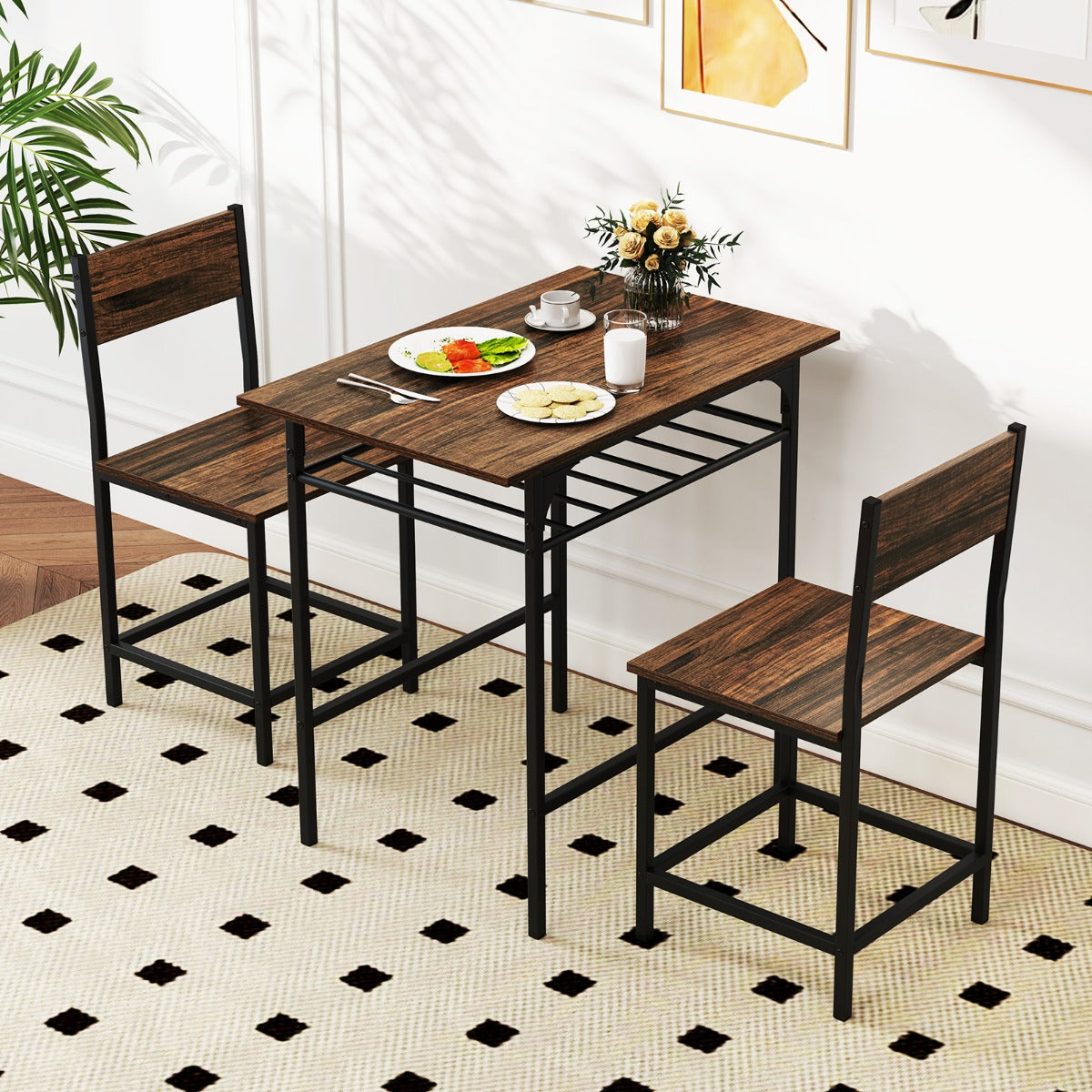 Dining Table Set for 2 with Metal Frame and Storage Rack-Rustic Brown