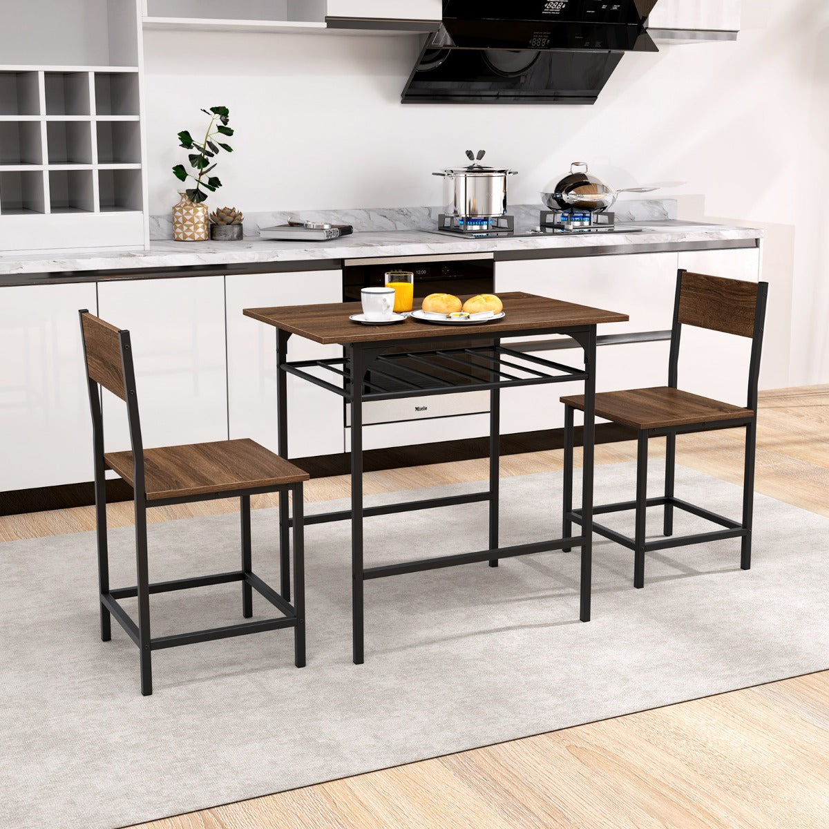 Dining Table Set for 2 with Metal Frame and Storage Rack-Rustic Brown
