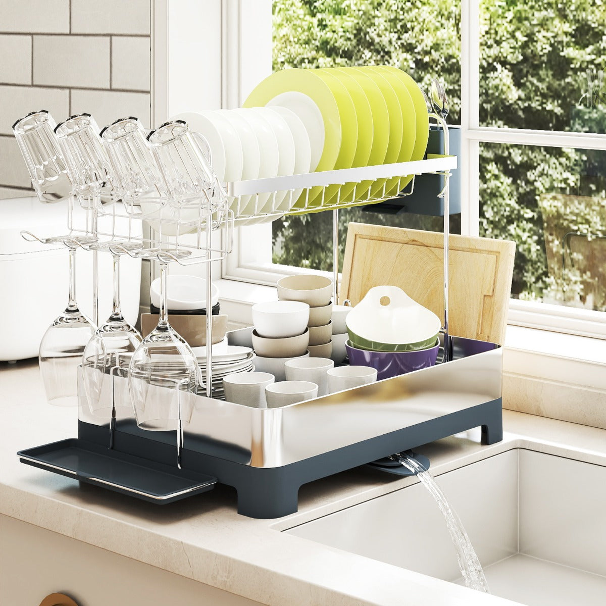 2-Tier Dish Drying Rack with Stemware and Cutlery Holder