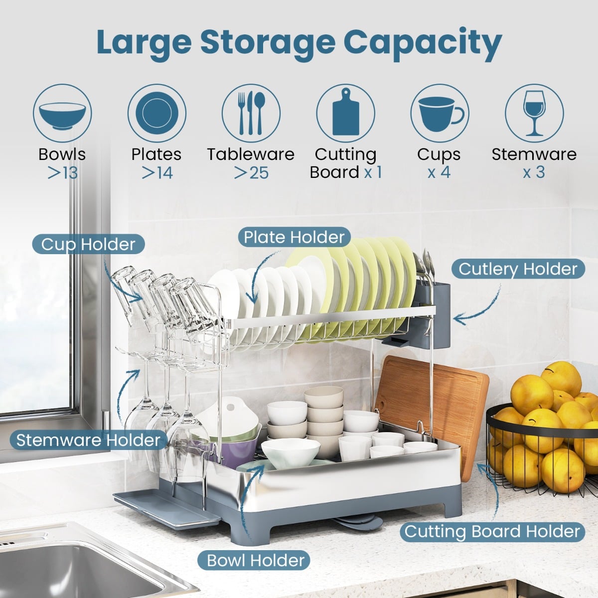 2-Tier Dish Drying Rack with Stemware and Cutlery Holder