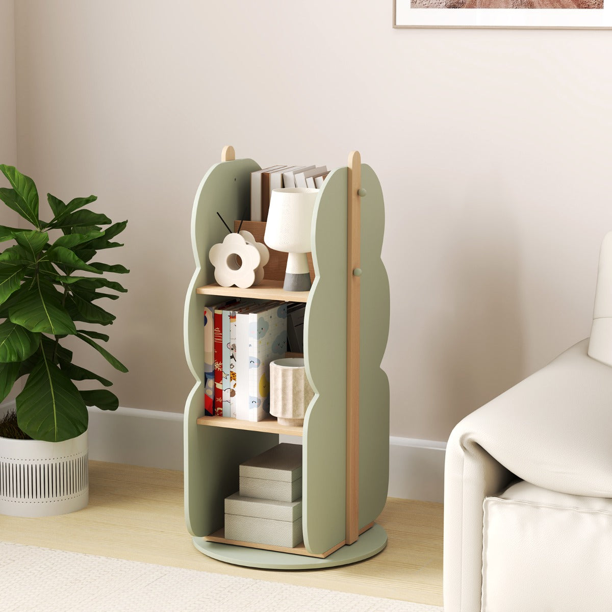 360¬∞ Display Corner Book Shelf with Side Hooks for Small Space-Green