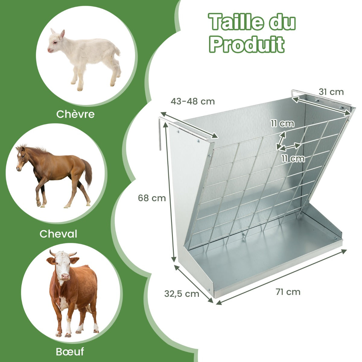 Wall-Mounted Hay Rack with Trough 2-in-1 Feeder with Adjustable Hooks-Silver