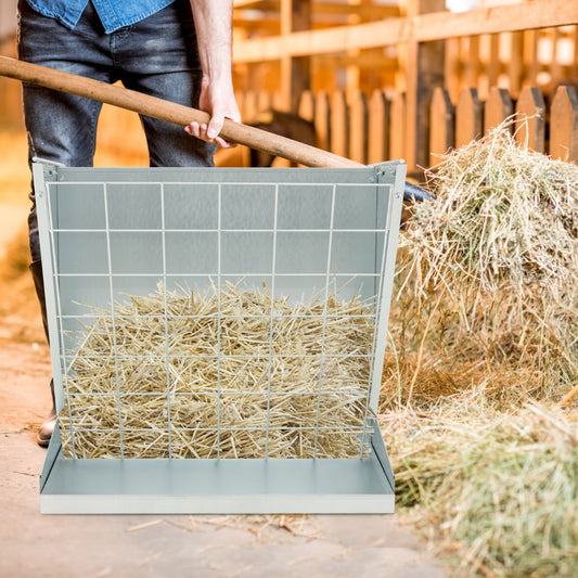 Wall-Mounted Hay Rack with Trough 2-in-1 Feeder with Adjustable Hooks-Silver
