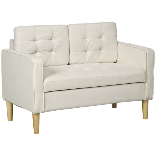 HOMCOM Nowoczesna sofa dwuosobowa, kompaktowa sofa dwuosobowa ze schowkiem, 117 cm pikowana bawełniana kanapa z drewnianymi nogami, kremowo-biała