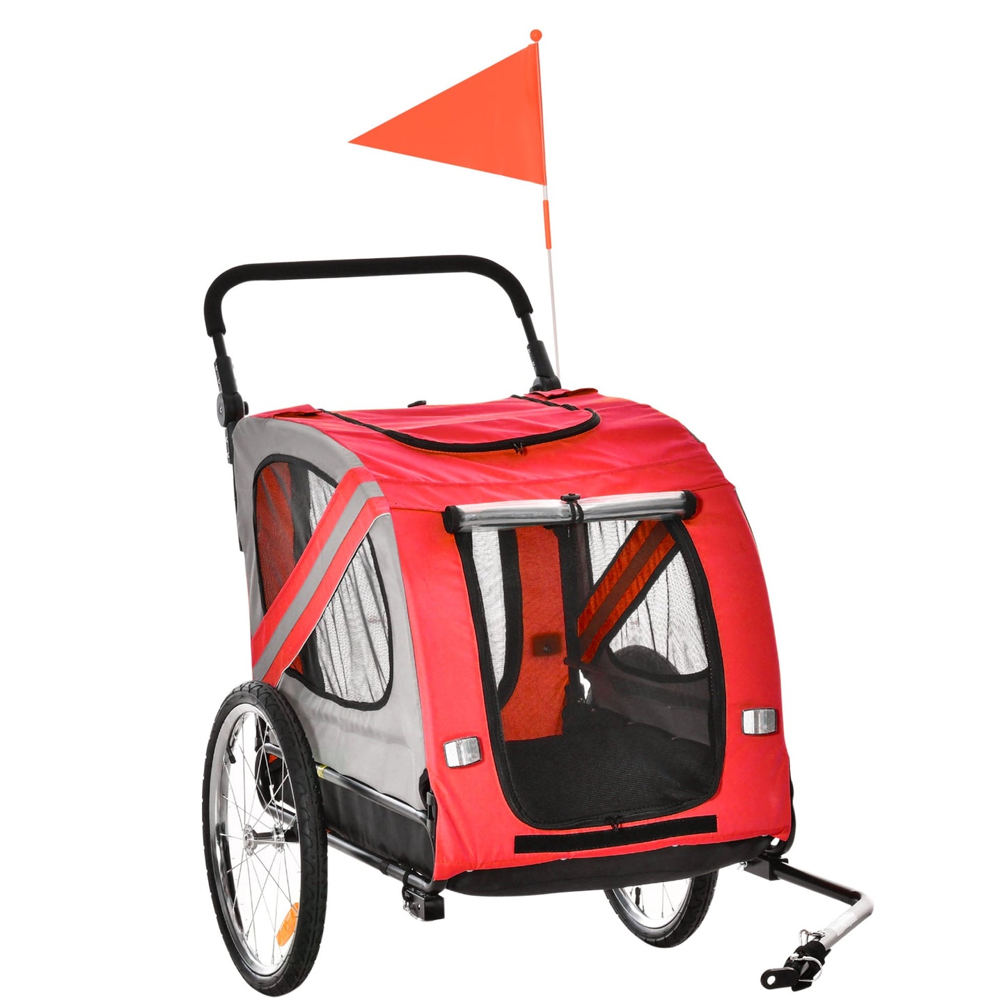 PawHut 2-In-1 Dog Bike Trailer Pet Stroller with Universal Wheel Reflector Flag Red