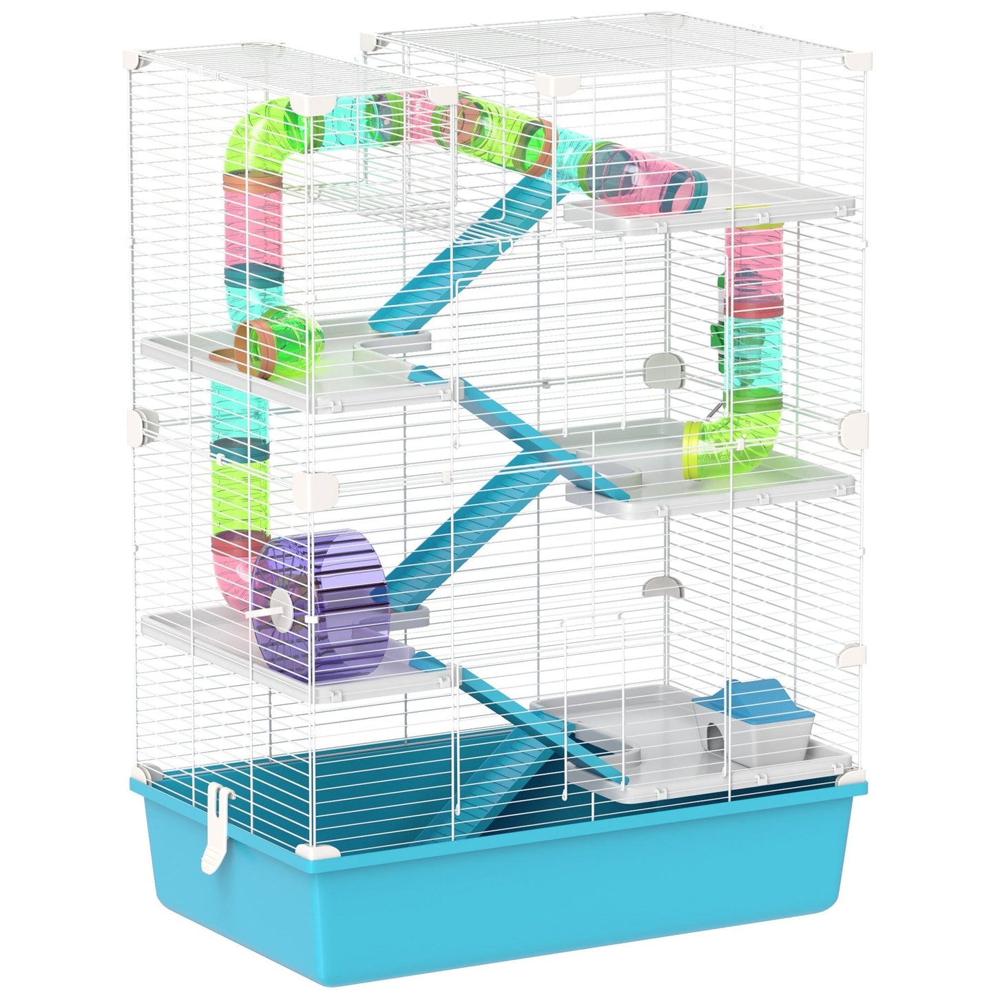 PawHut 6 Tier Hamster Cage, Small Animal Cage with Tubes, Exercise Wheel, Ramps, Hut, Food Dish, Water Bottle, Light Blue
