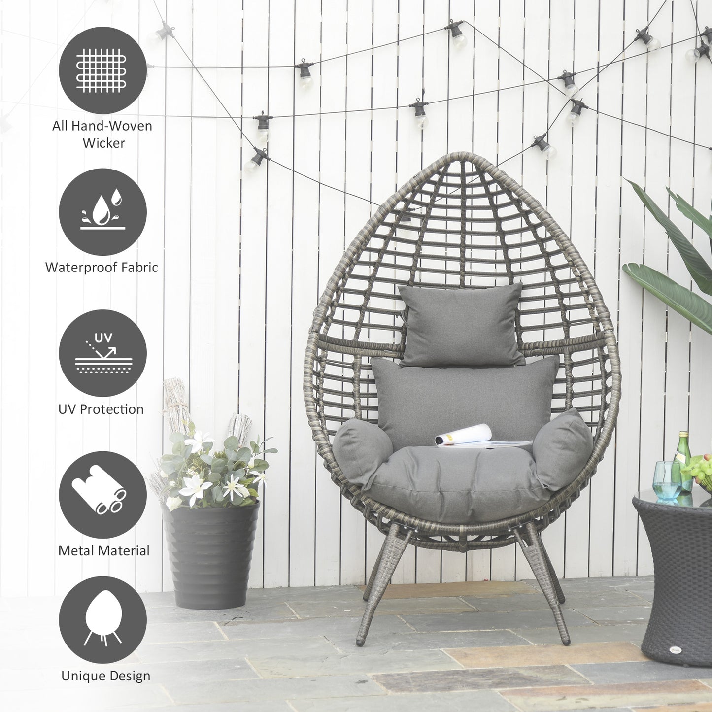 Fotel Outsunny Teardop PE Wicker Rattan z grubymi poduszkami, 4 nogi, siedzisko ogrodowe Egg Garden