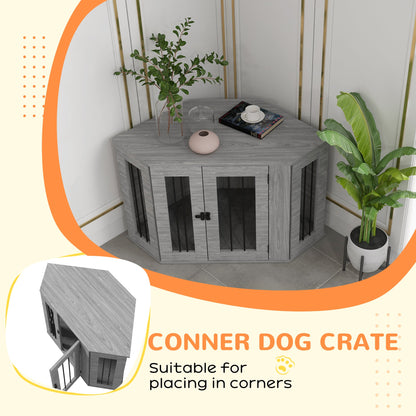 PawHut 2 in 1 Dog Crate Furniture Side Table, with Cushion, 104 x 55 x 63cm - Grey